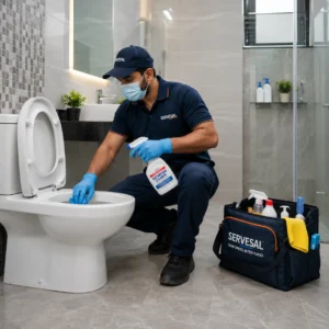 Professional bathroom deep cleaning technician cleaning toilet with advanced chemicals and equipment