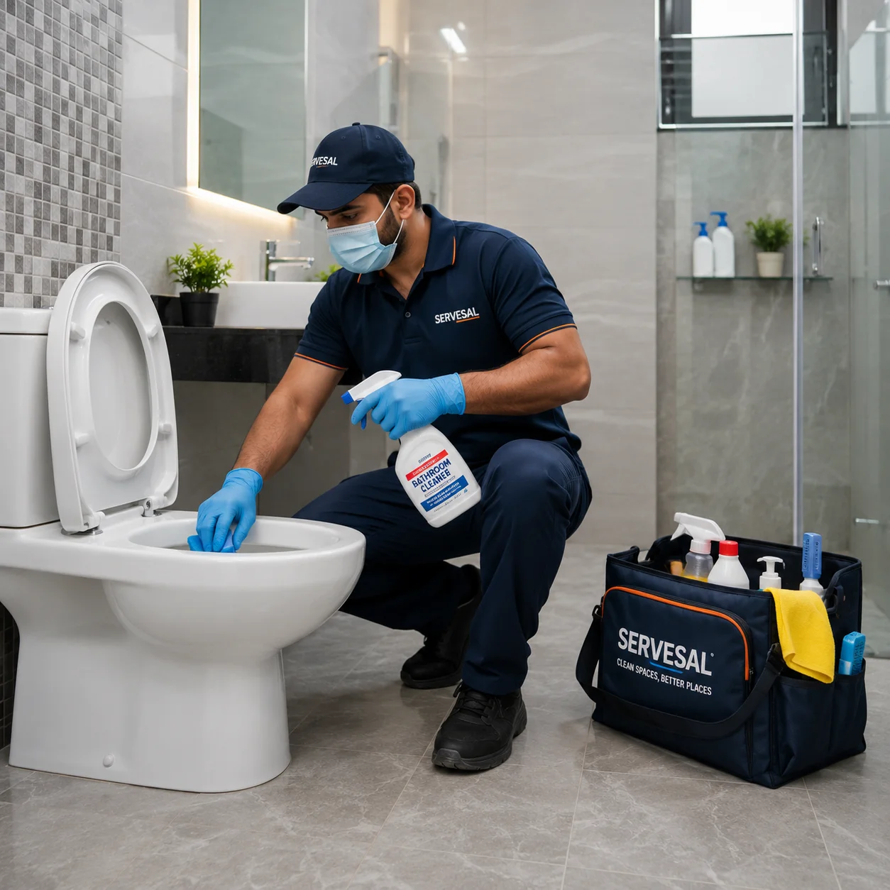 Professional bathroom deep cleaning technician cleaning toilet with advanced chemicals and equipment