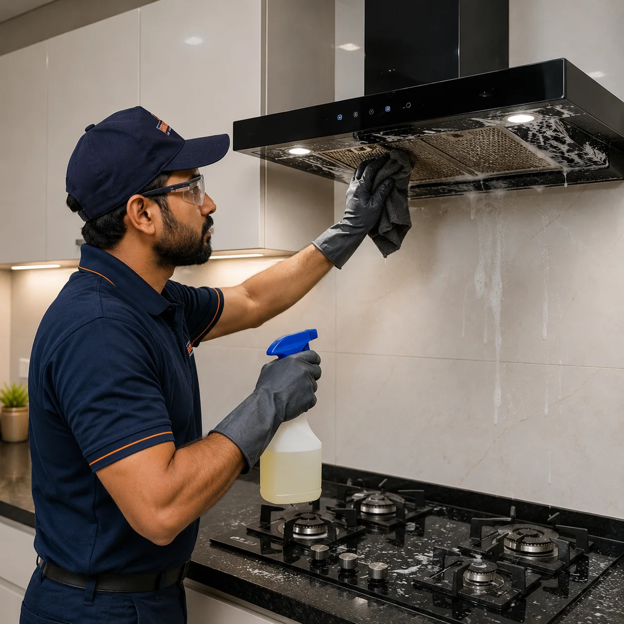 Professional kitchen chimney deep cleaning service technician cleaning greasy chimney filter and hood