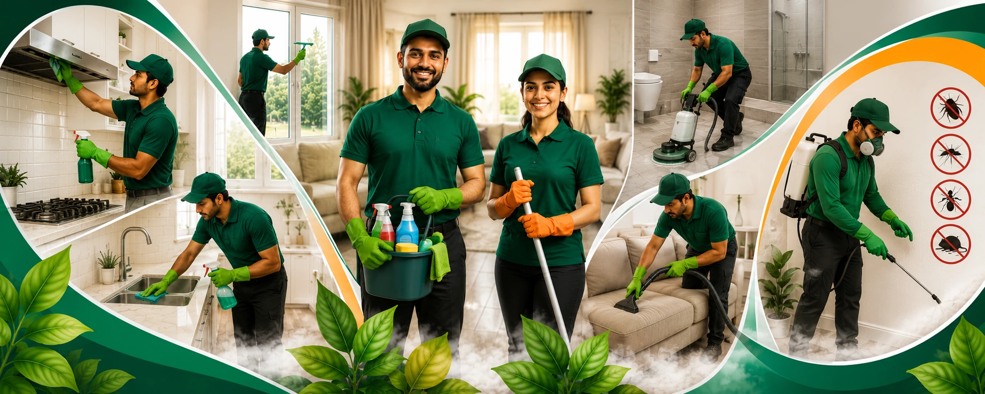 Professional Cleaning & Pest Control Services Banner featuring Bathroom Cleaning, Kitchen Cleaning, Sofa Cleaning, Chimney Cleaning, and Pest Control by Servesal